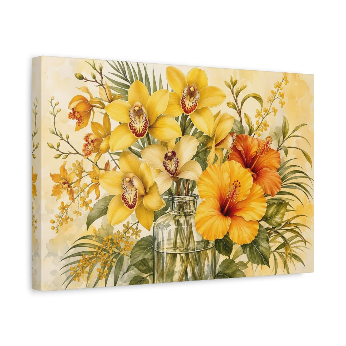 Side Mockup 4. Floral Tropical Flowers Yellow Orange Floral shown as stretched canvas wall art