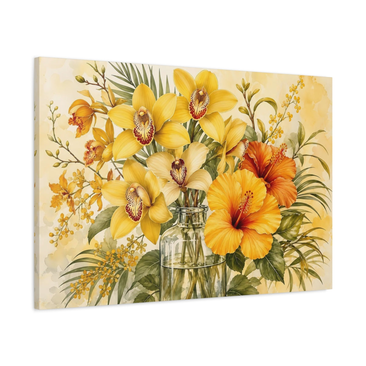Main Mockup. Floral Tropical Flowers Yellow Orange Floral shown as stretched canvas wall art
