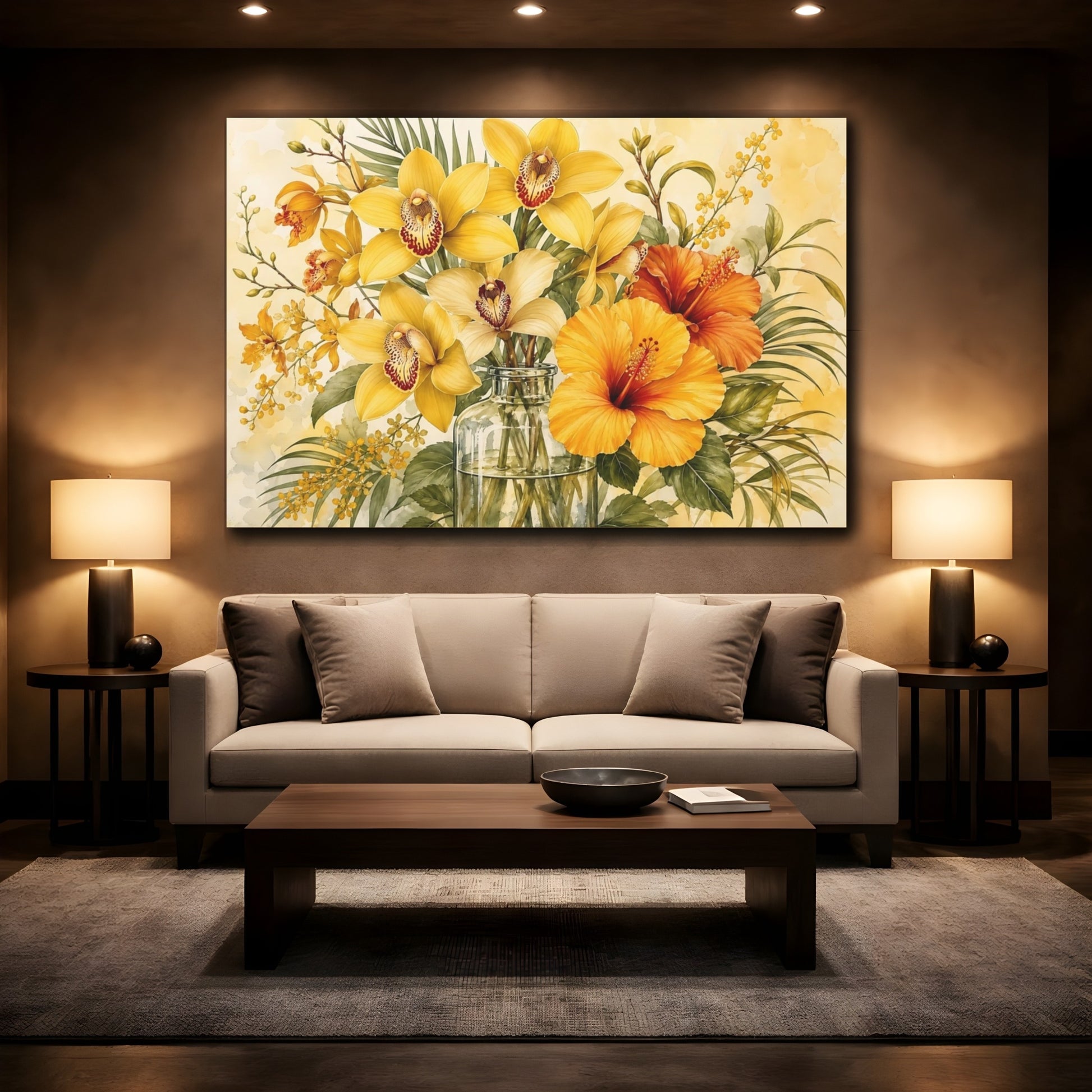 Mockup 2. Floral Tropical Flowers Yellow Orange Floral shown as stretched canvas wall art