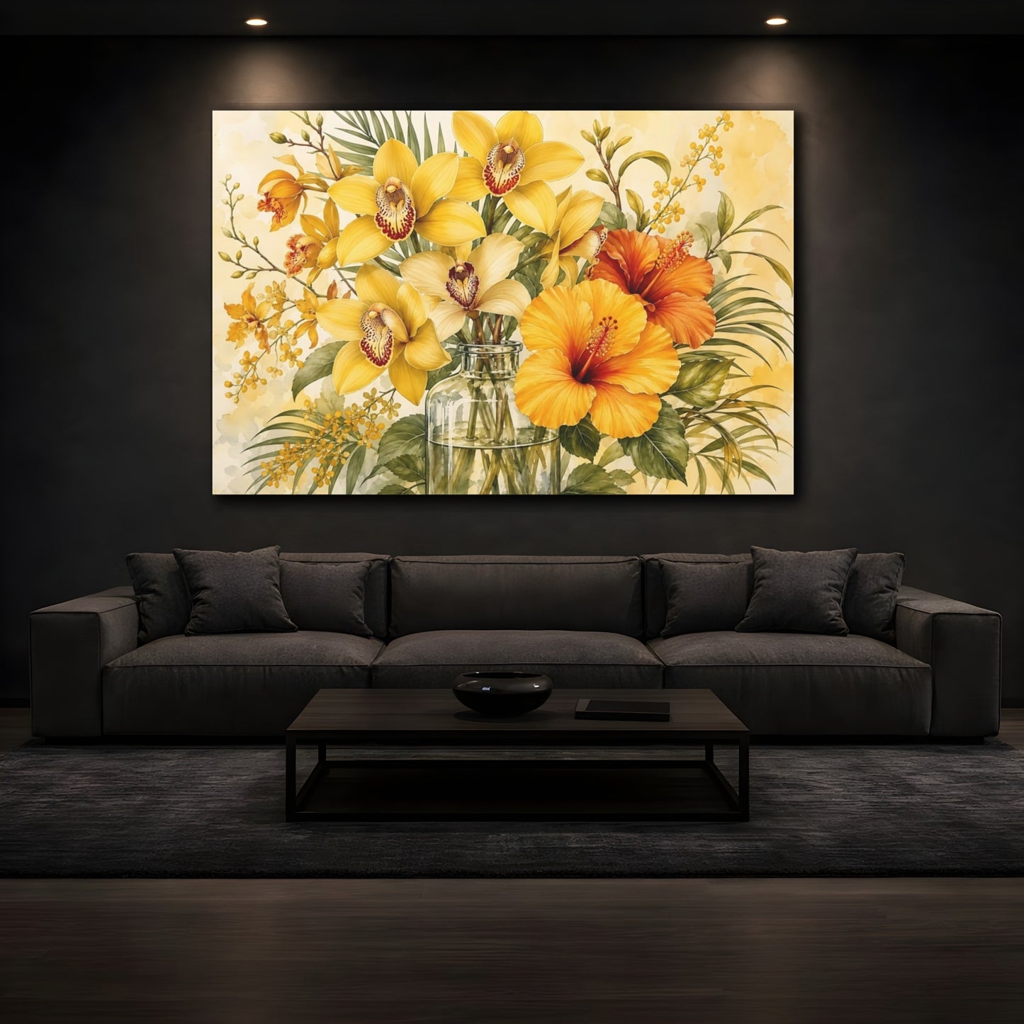 Mockup 3. Floral Tropical Flowers Yellow Orange Floral shown as stretched canvas wall art
