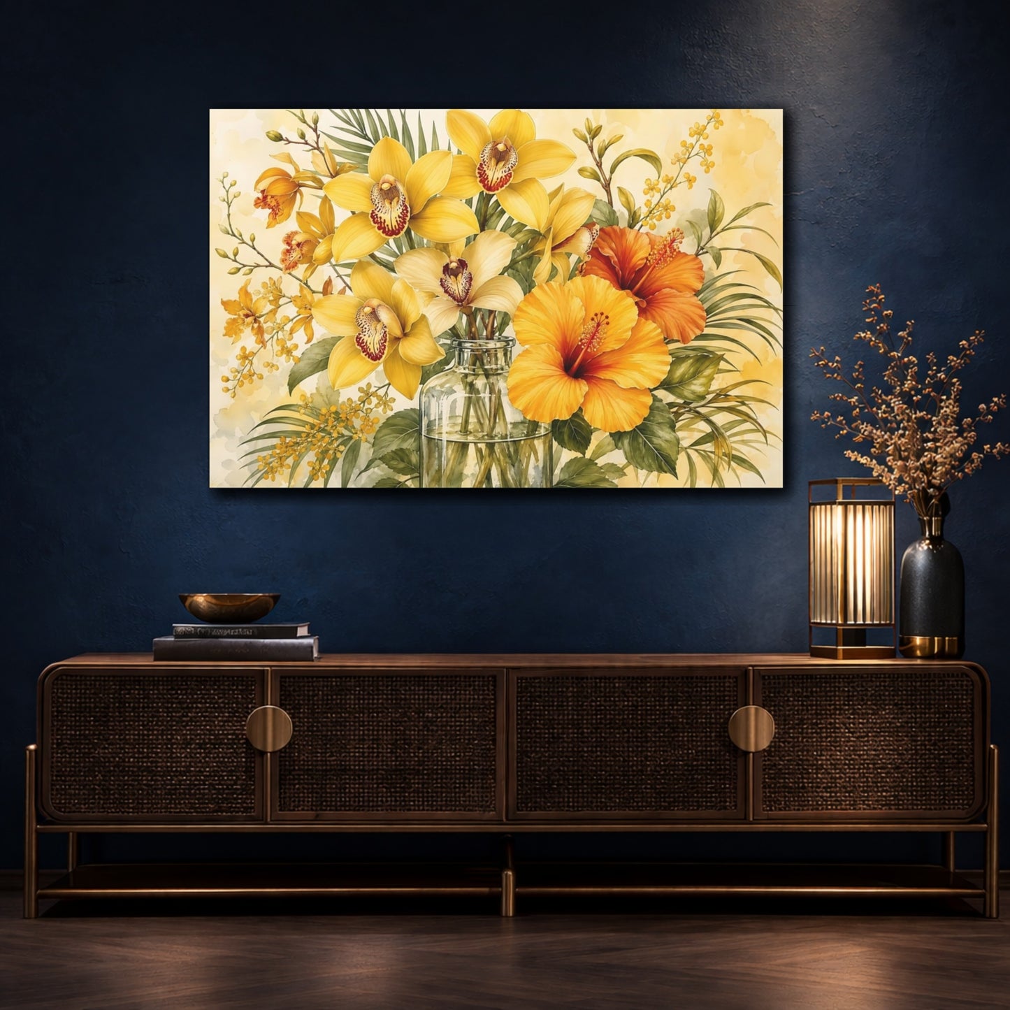 Mockup 4. Floral Tropical Flowers Yellow Orange Floral shown as stretched canvas wall art