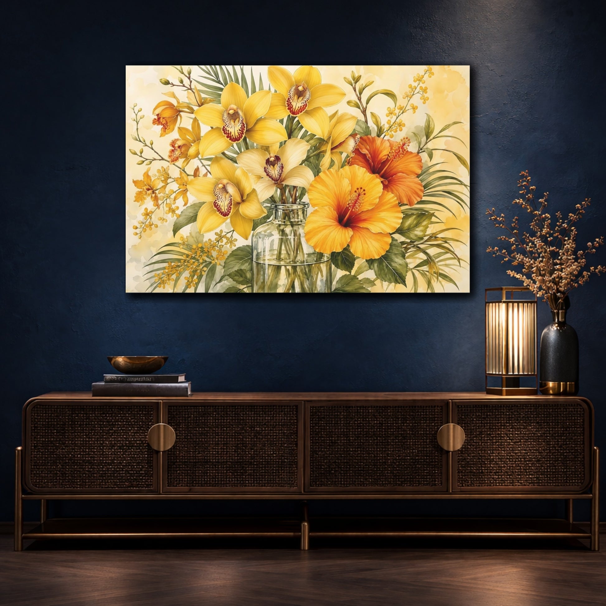 Mockup 4. Floral Tropical Flowers Yellow Orange Floral shown as stretched canvas wall art