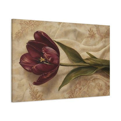 Main Mockup. Floral Tulip Burgundy And Beige shown as stretched canvas wall art