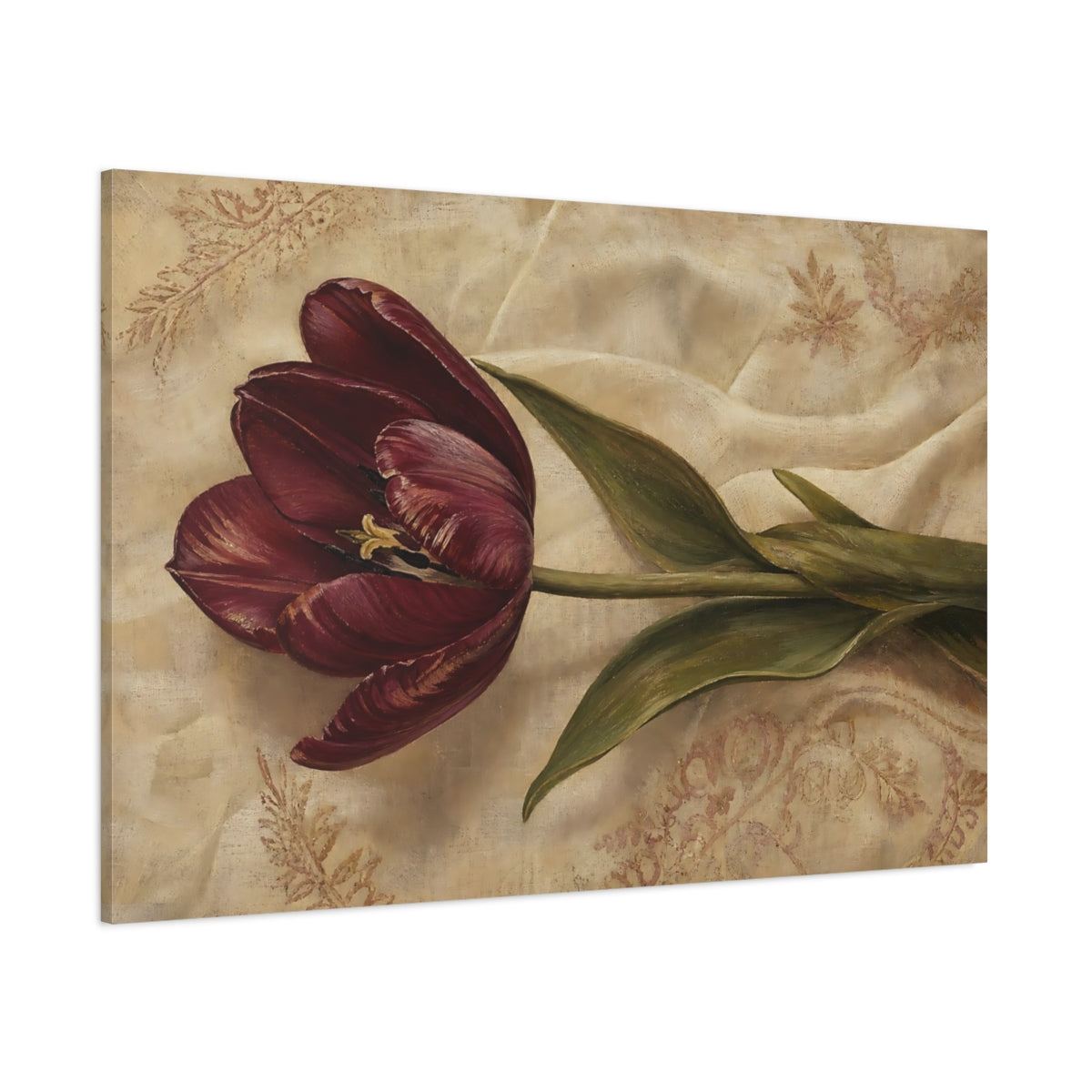 Side Mockup 1. Floral Tulip Burgundy And Beige shown as stretched canvas wall art