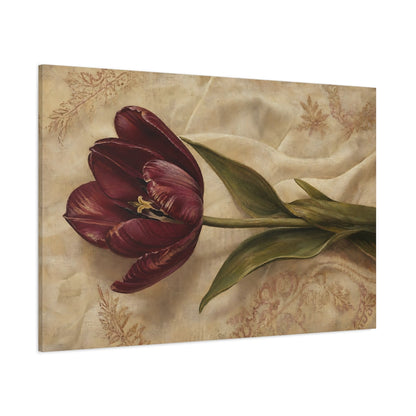 Side Mockup 1. Floral Tulip Burgundy And Beige shown as stretched canvas wall art