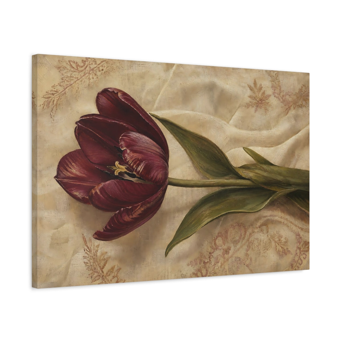 Side Mockup 2. Floral Tulip Burgundy And Beige shown as stretched canvas wall art