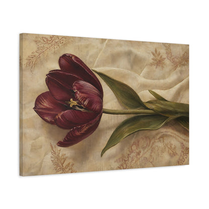 Side Mockup 2. Floral Tulip Burgundy And Beige shown as stretched canvas wall art