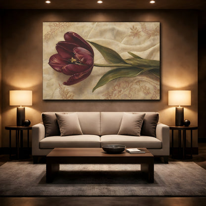 Mockup 2. Floral Tulip Burgundy And Beige shown as stretched canvas wall art