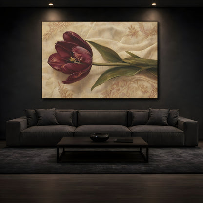 Mockup 3. Floral Tulip Burgundy And Beige shown as stretched canvas wall art