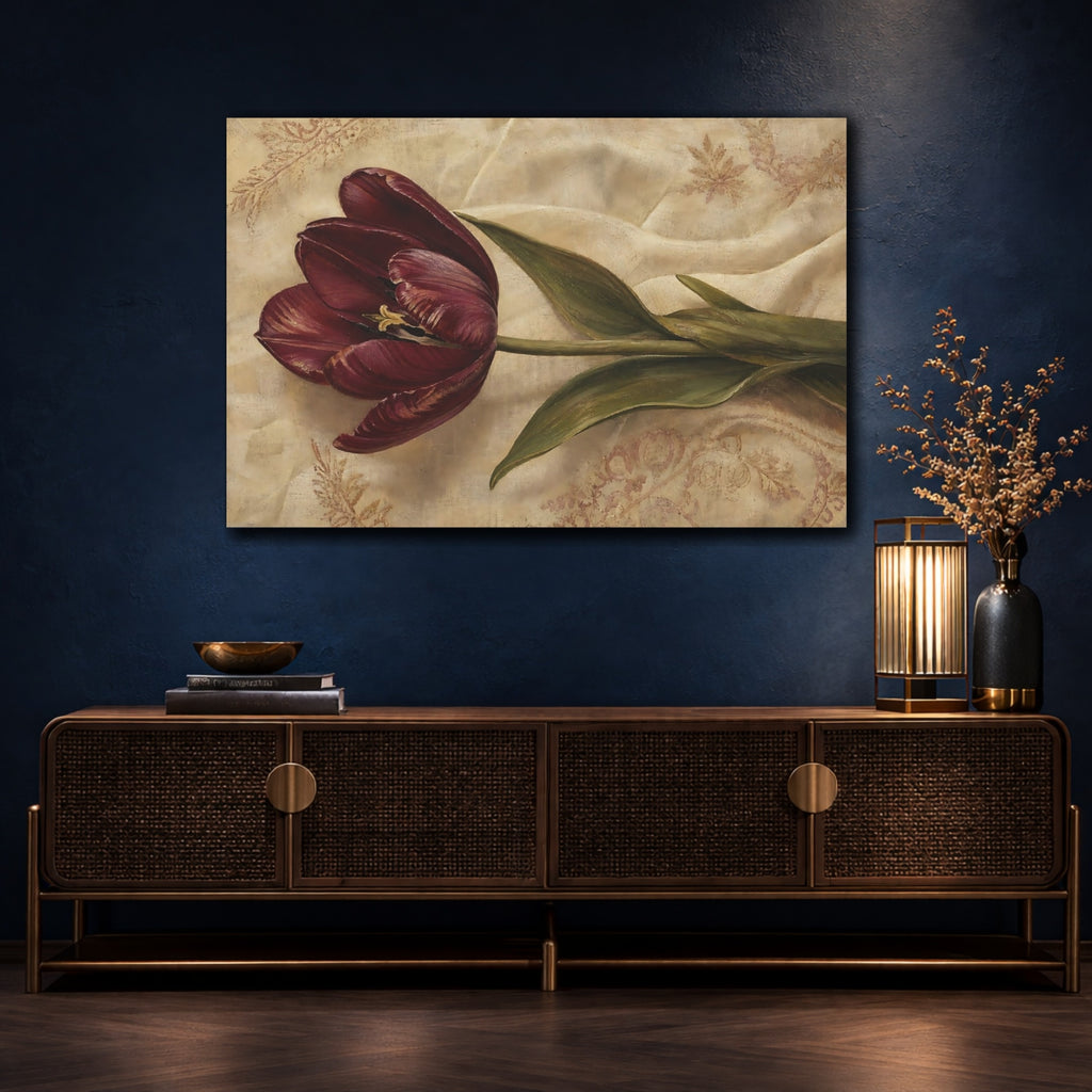 Mockup 4. Floral Tulip Burgundy And Beige shown as stretched canvas wall art