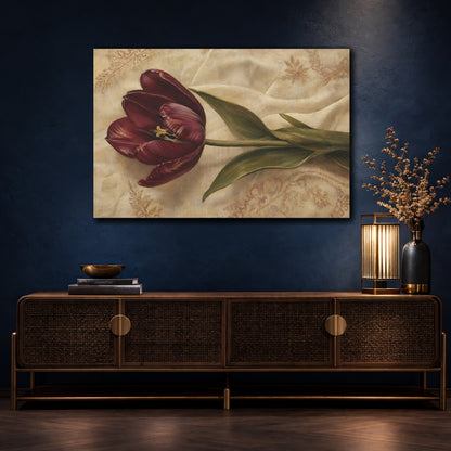 Mockup 4. Floral Tulip Burgundy And Beige shown as stretched canvas wall art