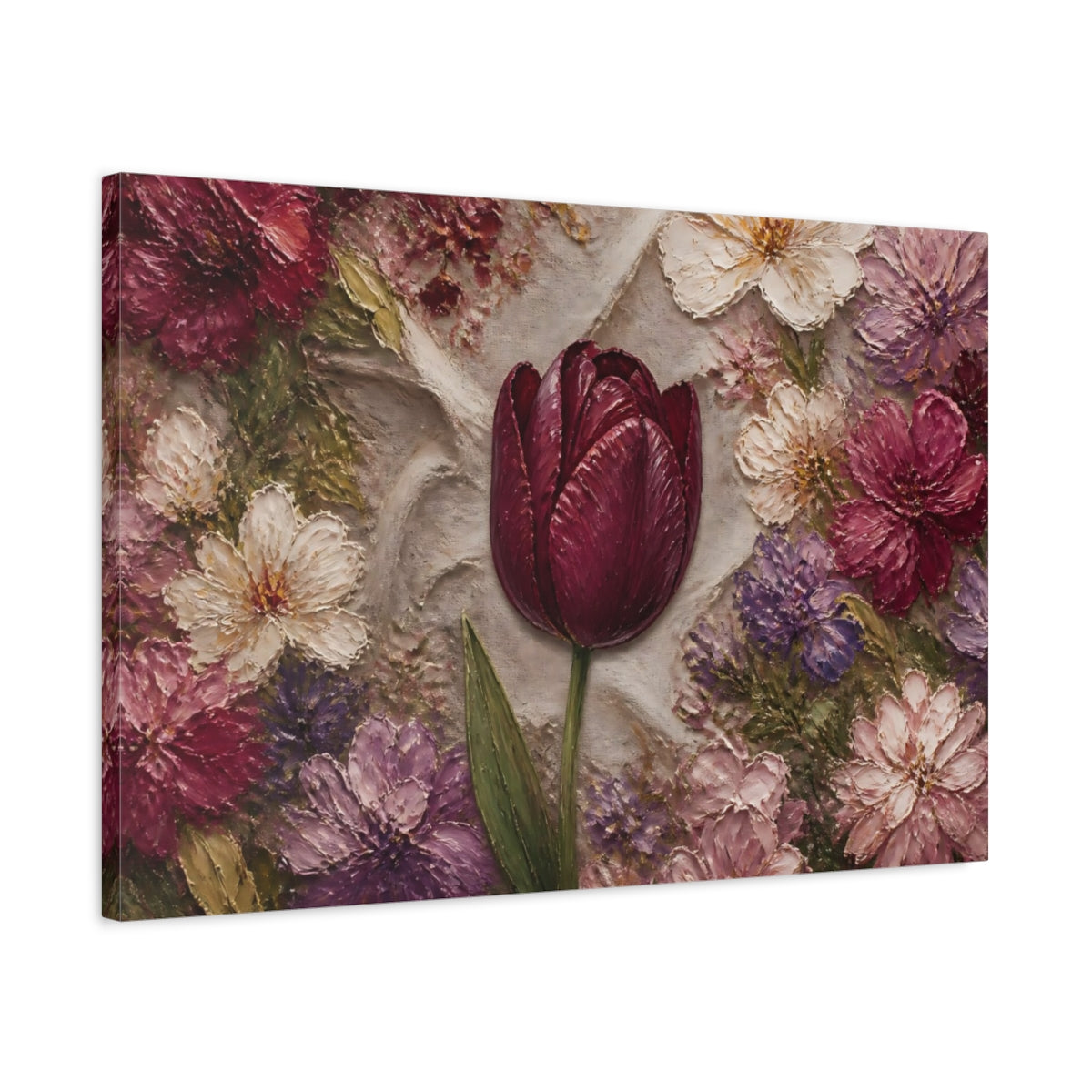 Side Mockup 2. Floral Tulip Burgundy Floral shown as stretched canvas wall art