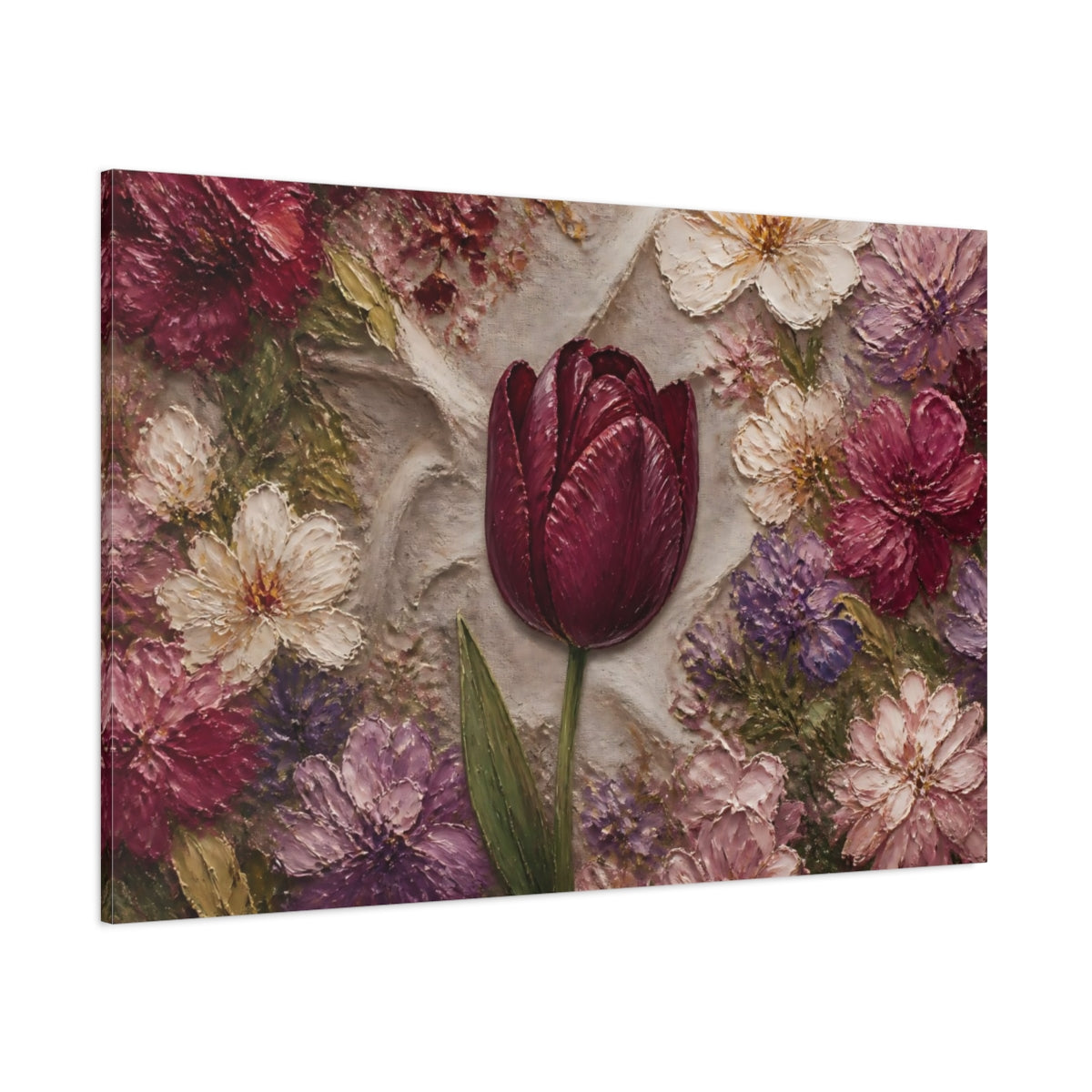 Side Mockup 1. Floral Tulip Burgundy Floral shown as stretched canvas wall art