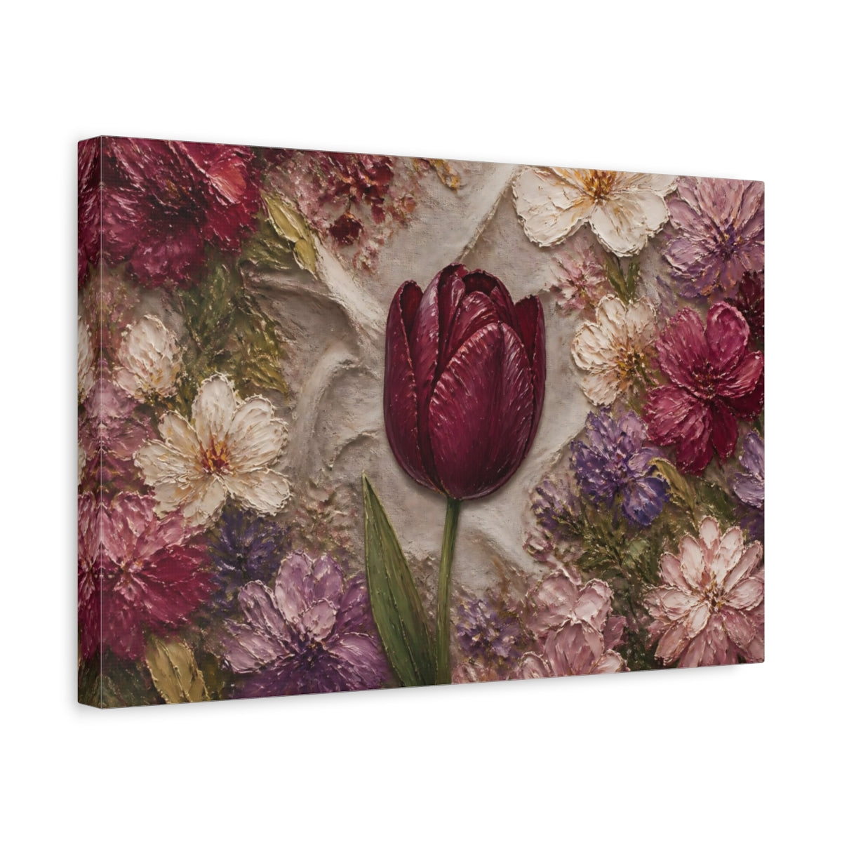 Side Mockup 4. Floral Tulip Burgundy Floral shown as stretched canvas wall art