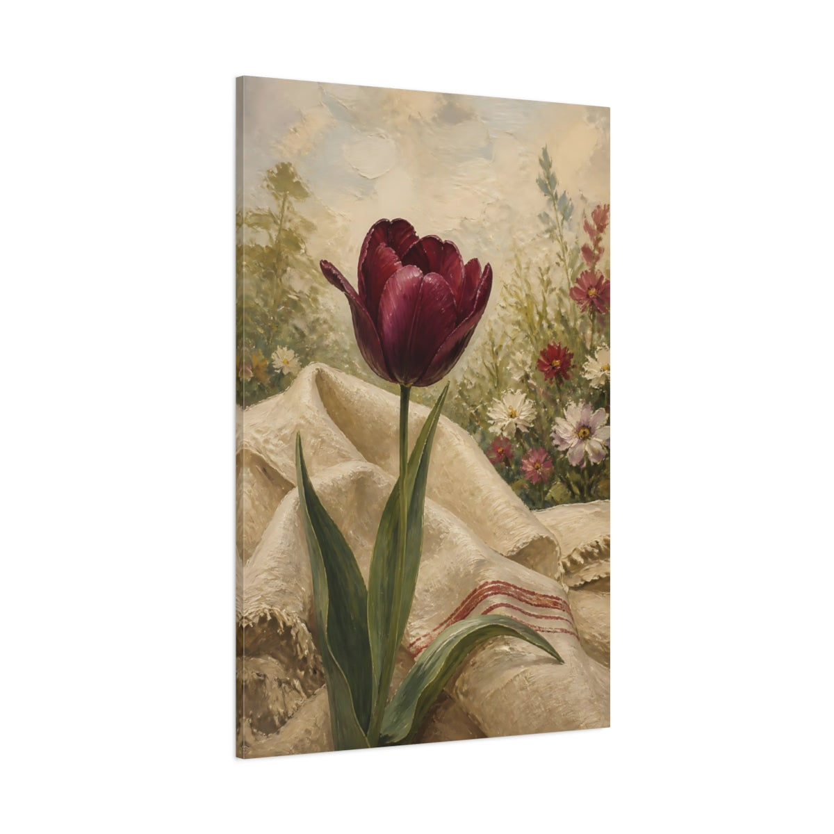 Side Mockup 1. Floral Tulip Burgundy Floral shown as stretched canvas wall art