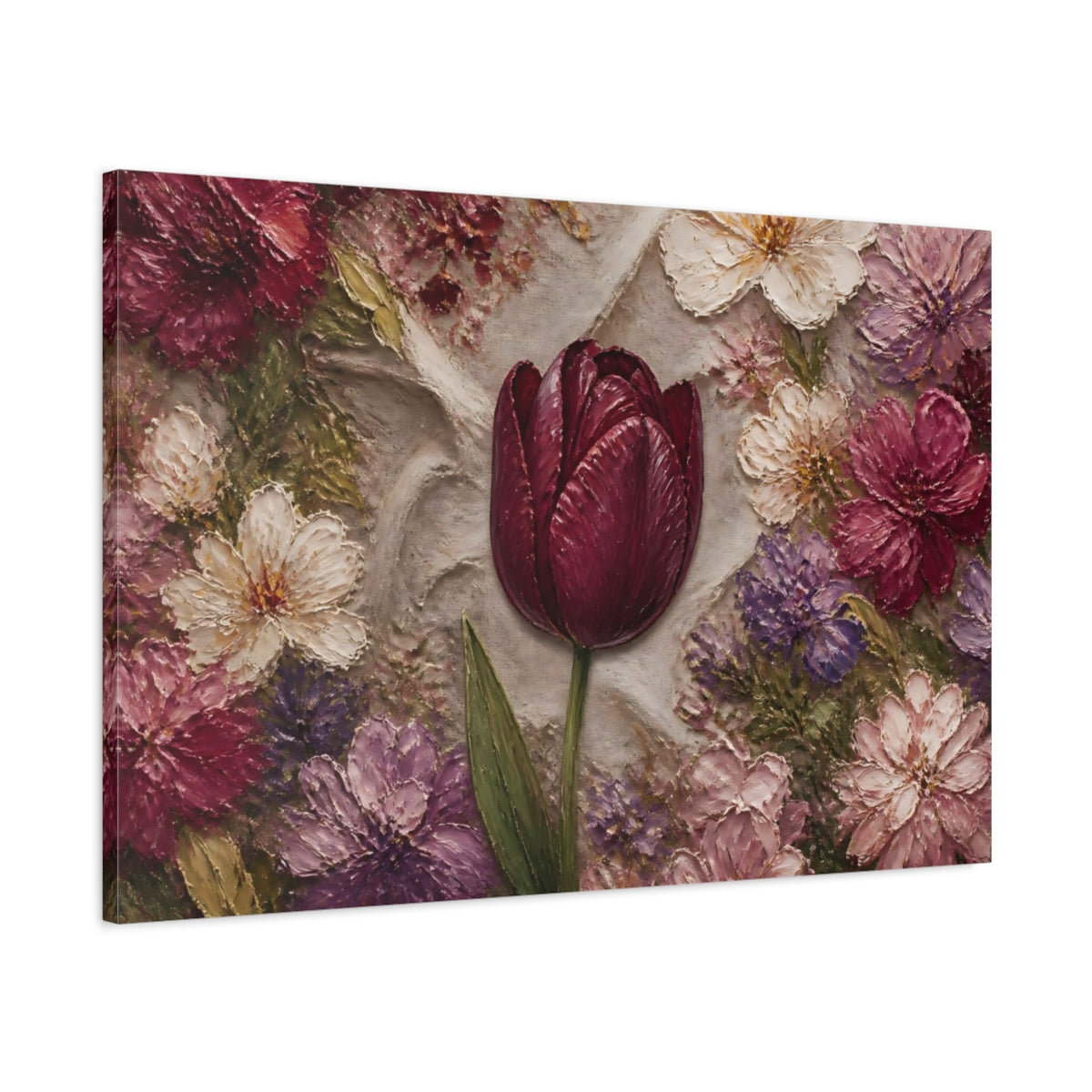 Main Mockup. Floral Tulip Burgundy Floral shown as stretched canvas wall art