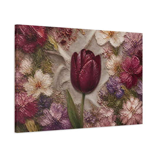 Main Mockup. Floral Tulip Burgundy Floral shown as stretched canvas wall art