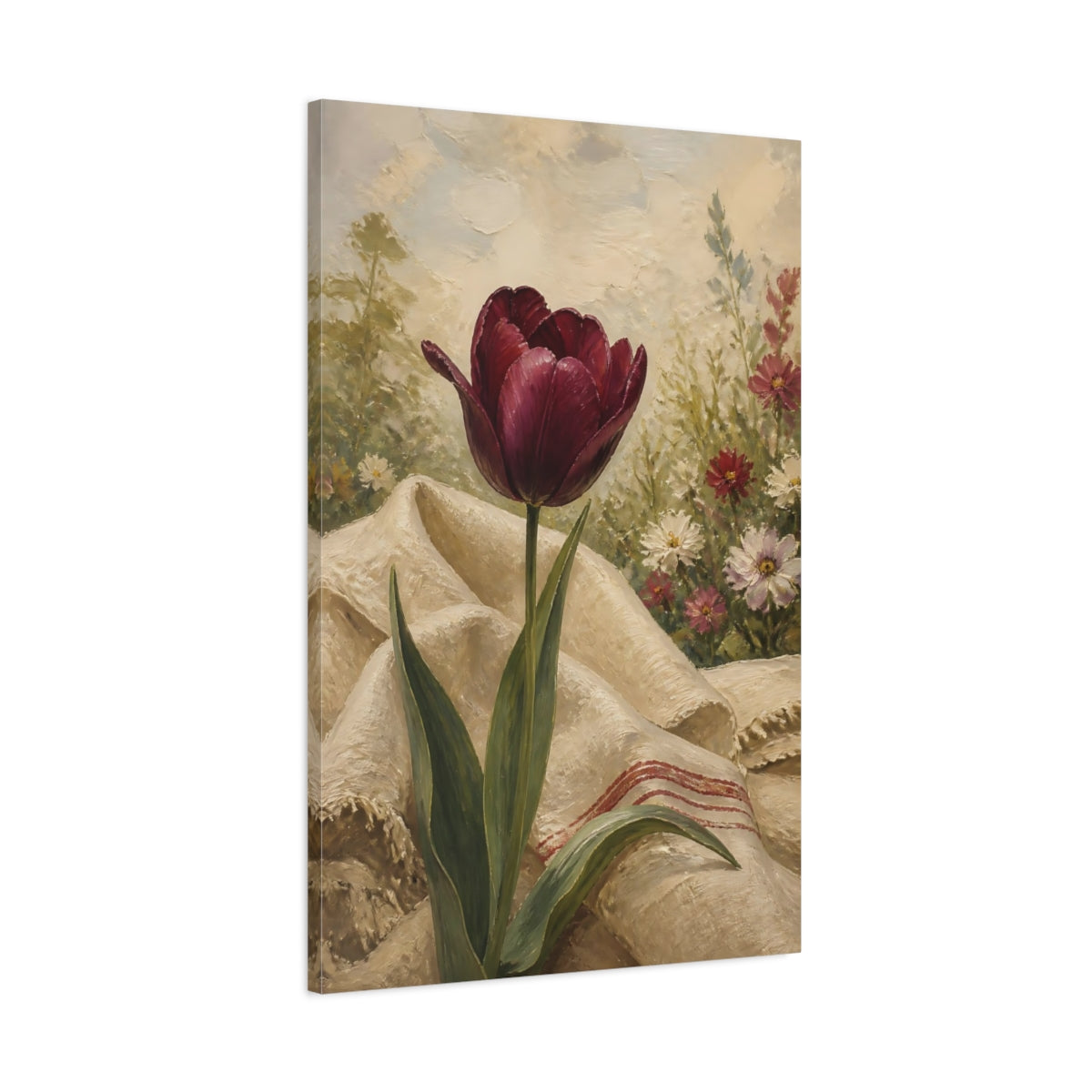 Main Mockup. Floral Tulip Burgundy Floral shown as stretched canvas wall art
