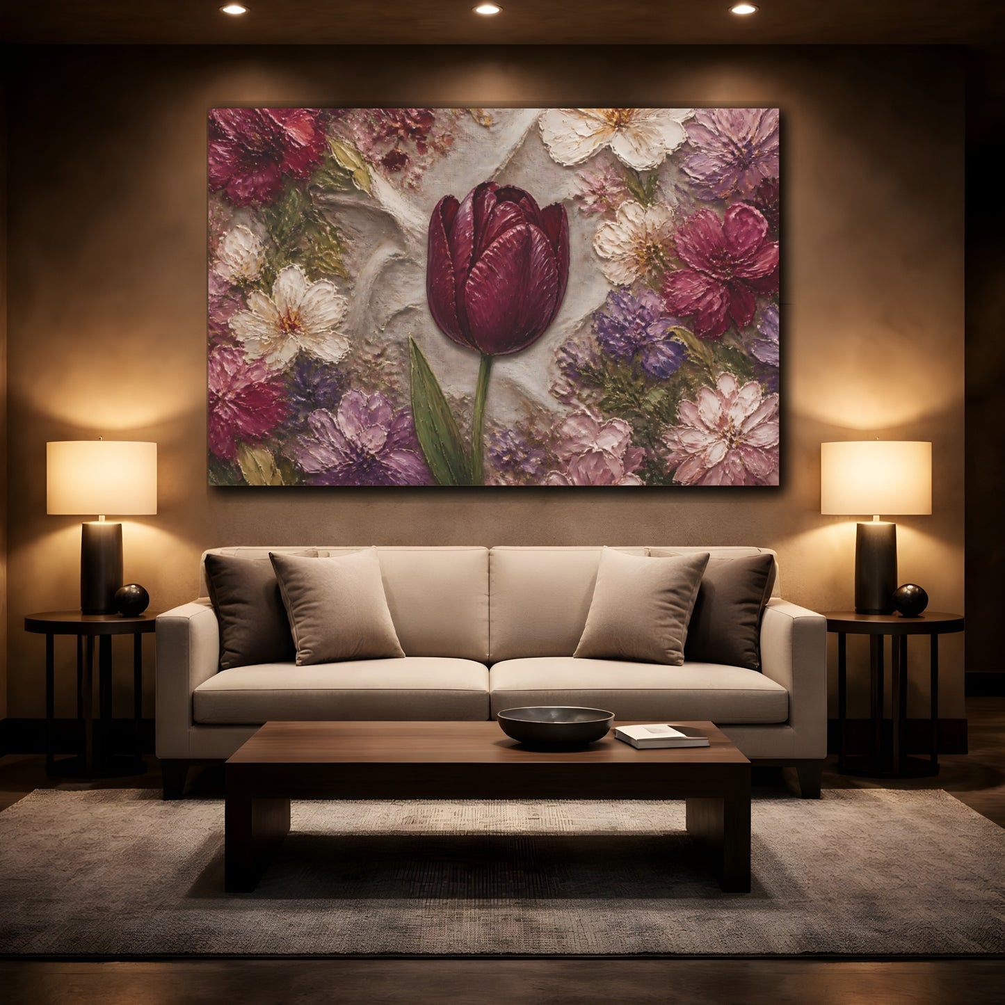 Mockup 2. Floral Tulip Burgundy Floral shown as stretched canvas wall art
