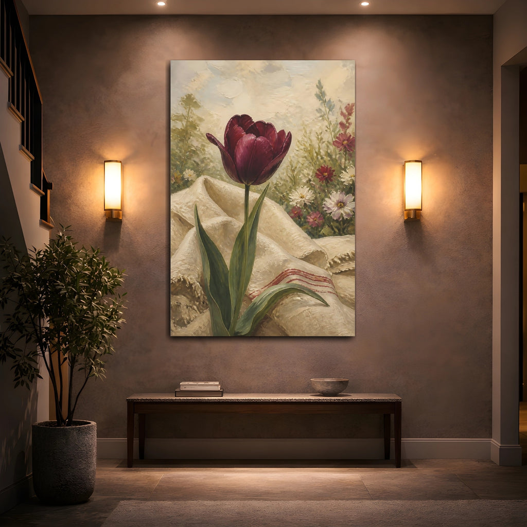Mockup 2. Floral Tulip Burgundy Floral shown as stretched canvas wall art