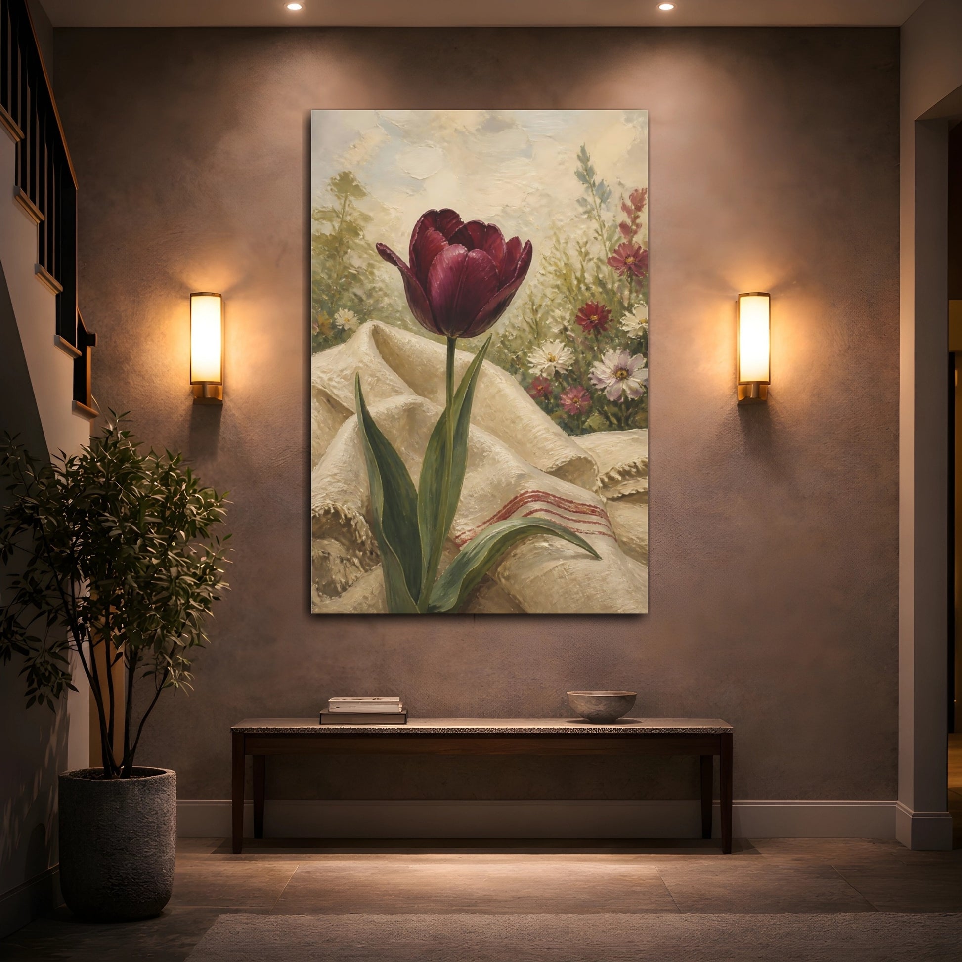 Mockup 2. Floral Tulip Burgundy Floral shown as stretched canvas wall art