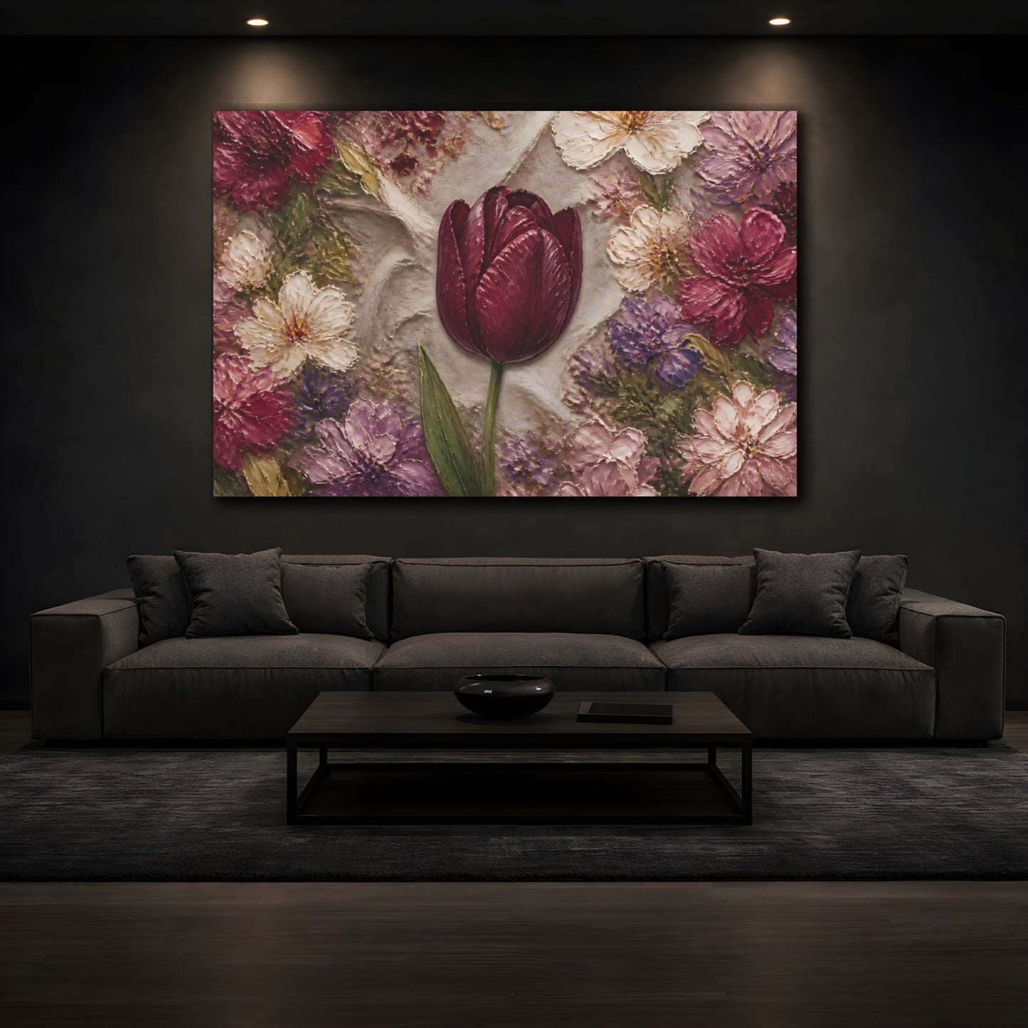 Mockup 3. Floral Tulip Burgundy Floral shown as stretched canvas wall art