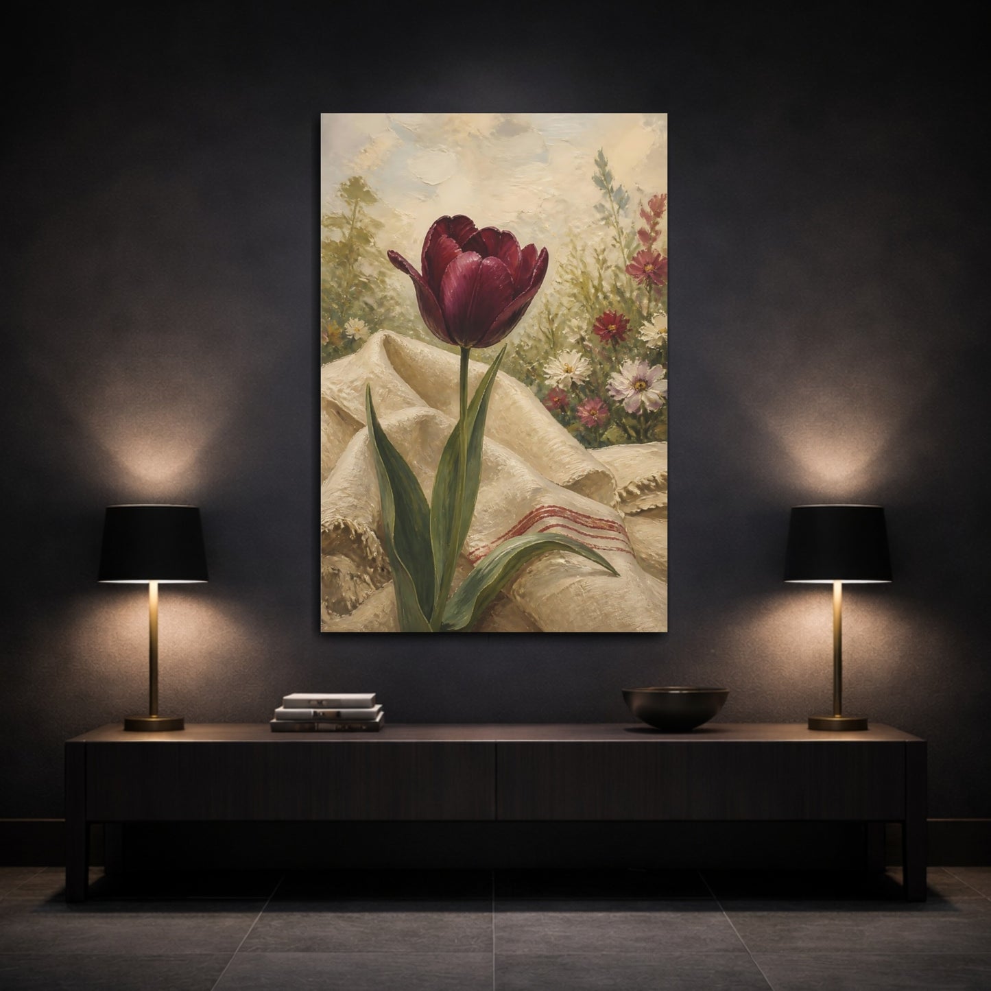 Mockup 3. Floral Tulip Burgundy Floral shown as stretched canvas wall art