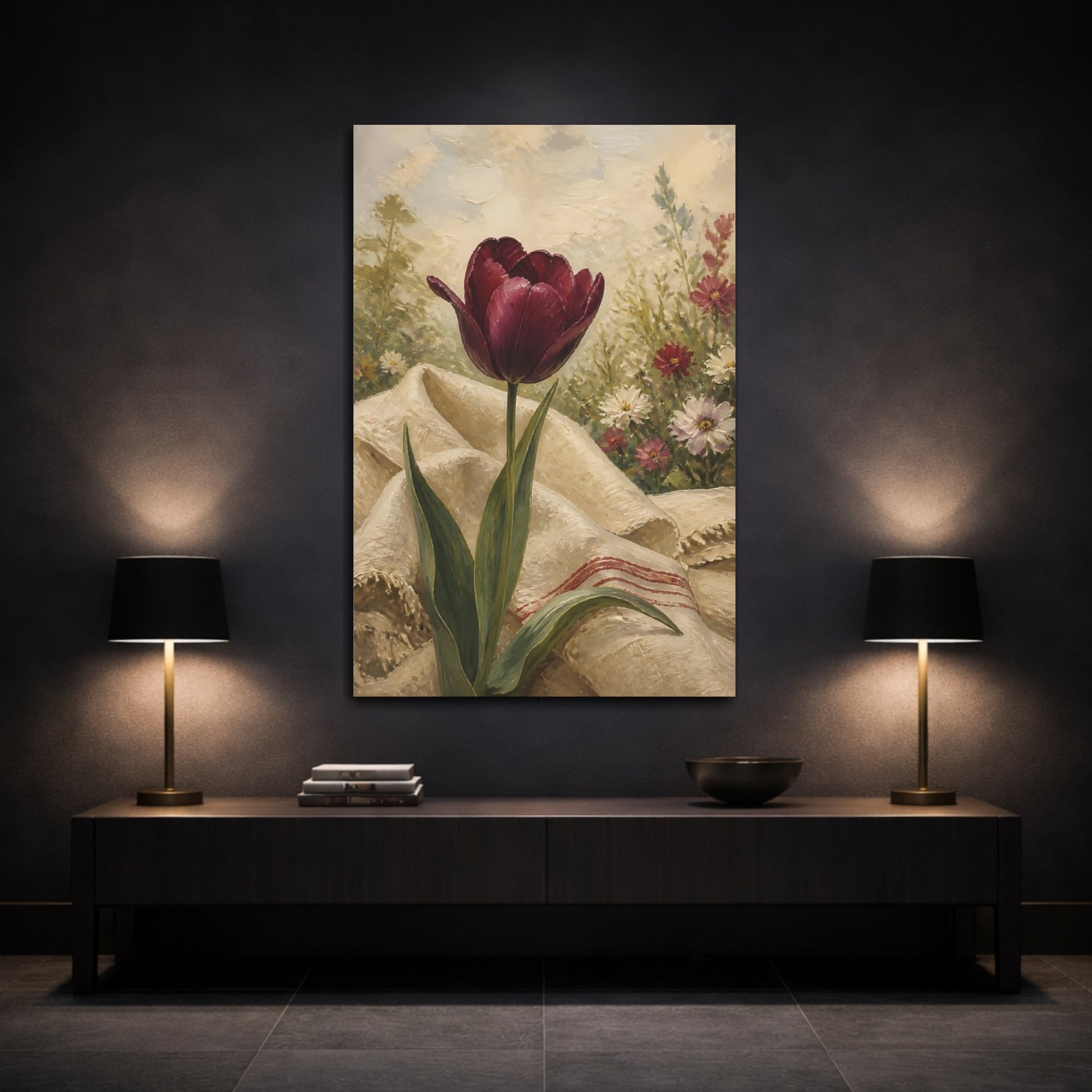 Mockup 3. Floral Tulip Burgundy Floral shown as stretched canvas wall art