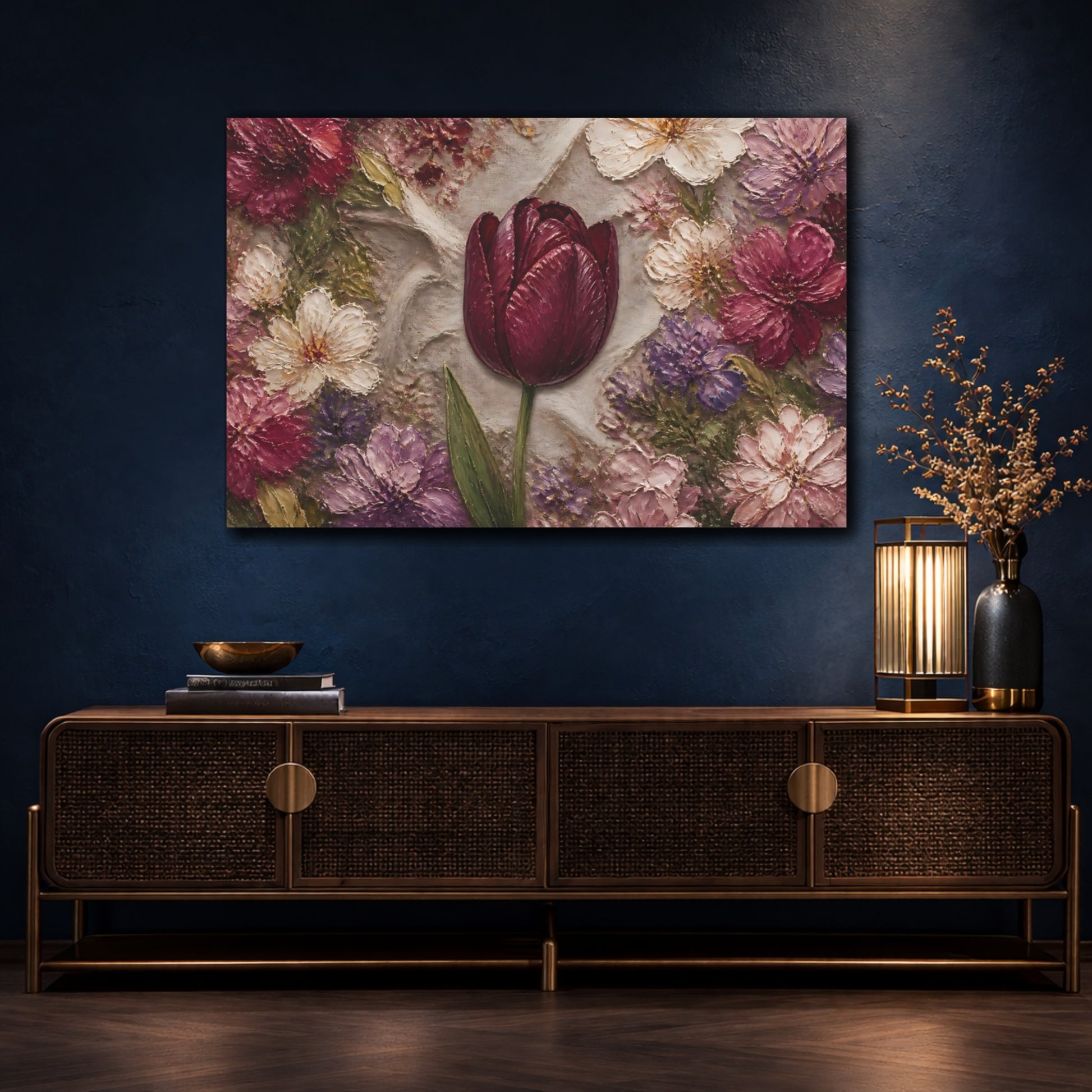 Mockup 4. Floral Tulip Burgundy Floral shown as stretched canvas wall art