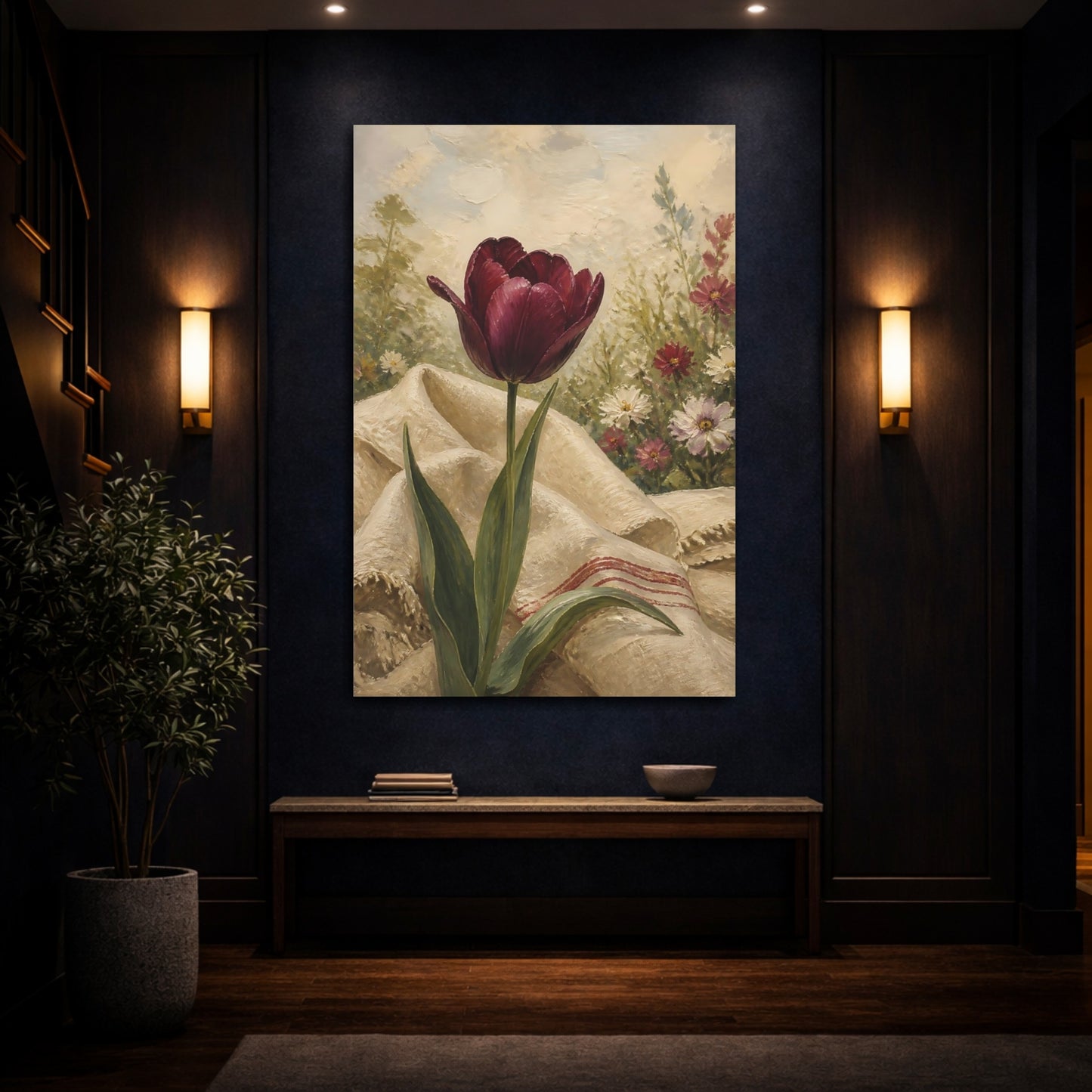 Mockup 4. Floral Tulip Burgundy Floral shown as stretched canvas wall art
