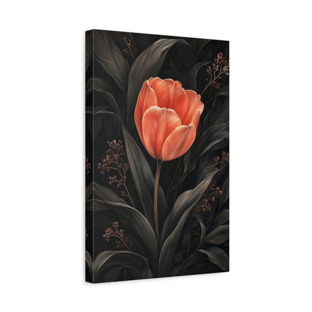 Side Mockup 4. Floral Tulip Coral And Dark shown as stretched canvas wall art