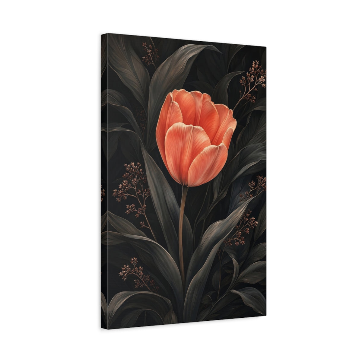 Side Mockup 3. Floral Tulip Coral And Dark shown as stretched canvas wall art