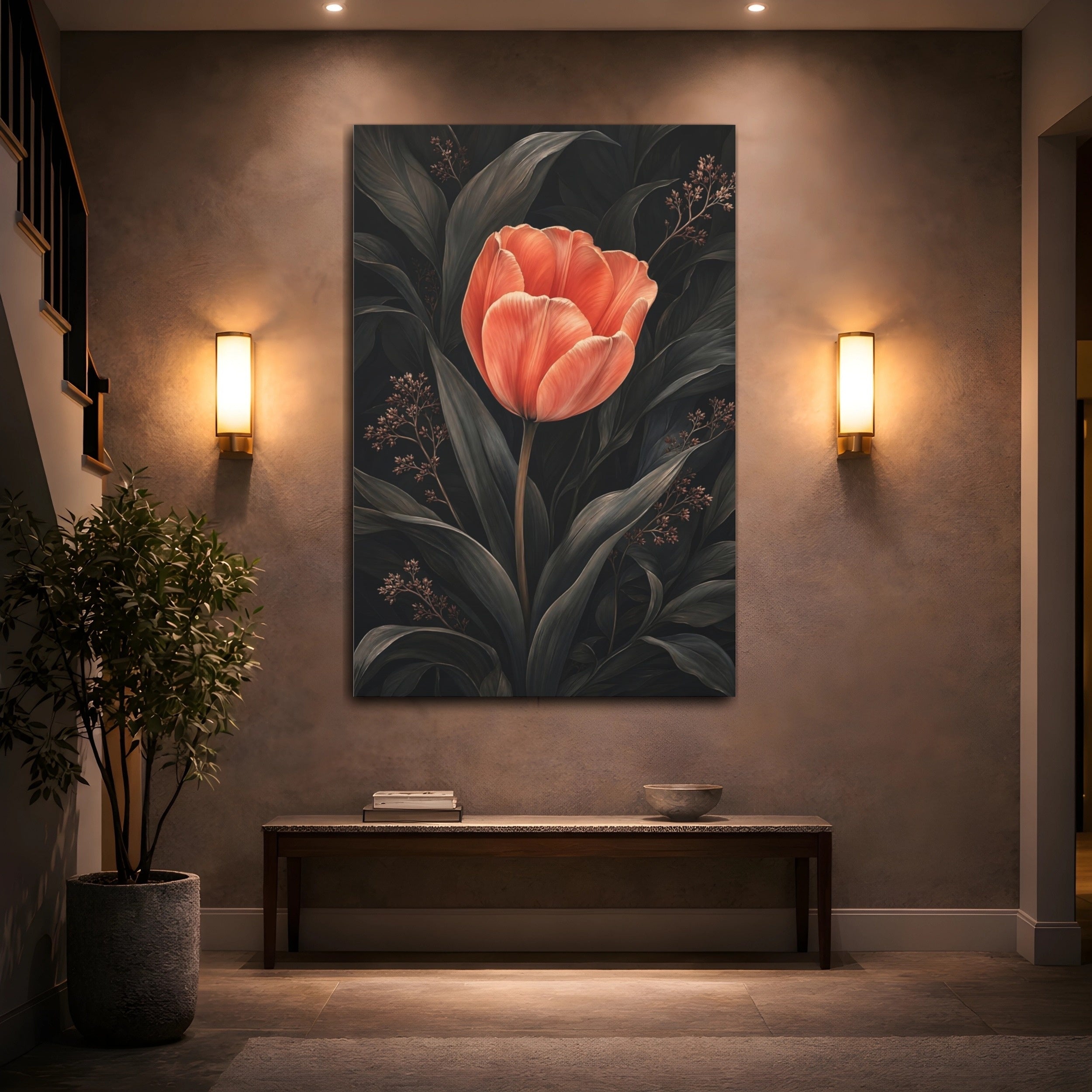 Mockup 2. Floral Tulip Coral And Dark shown as stretched canvas wall art