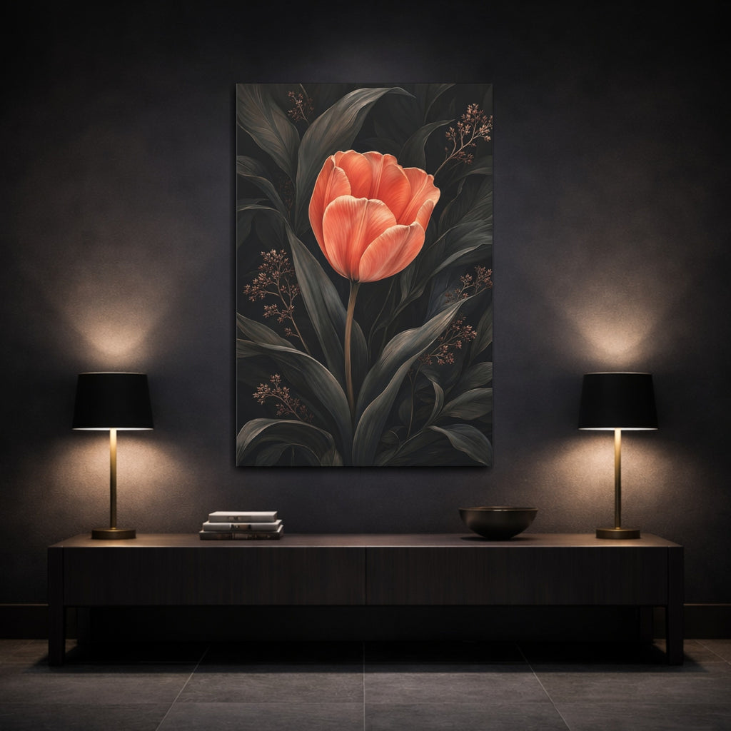 Mockup 3. Floral Tulip Coral And Dark shown as stretched canvas wall art
