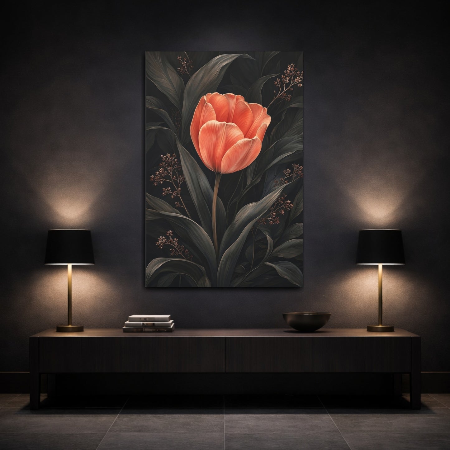 Mockup 3. Floral Tulip Coral And Dark shown as stretched canvas wall art