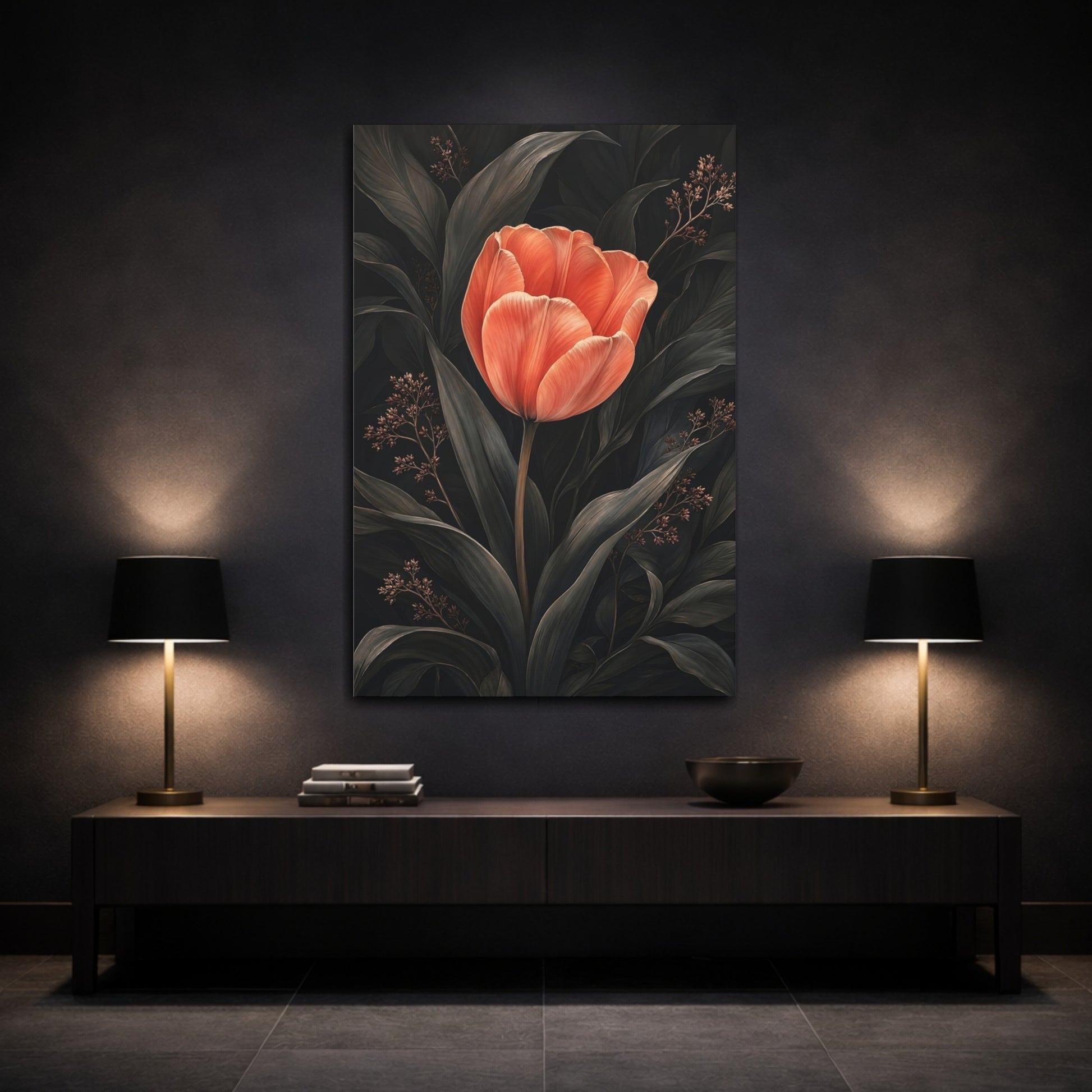 Mockup 3. Floral Tulip Coral And Dark shown as stretched canvas wall art