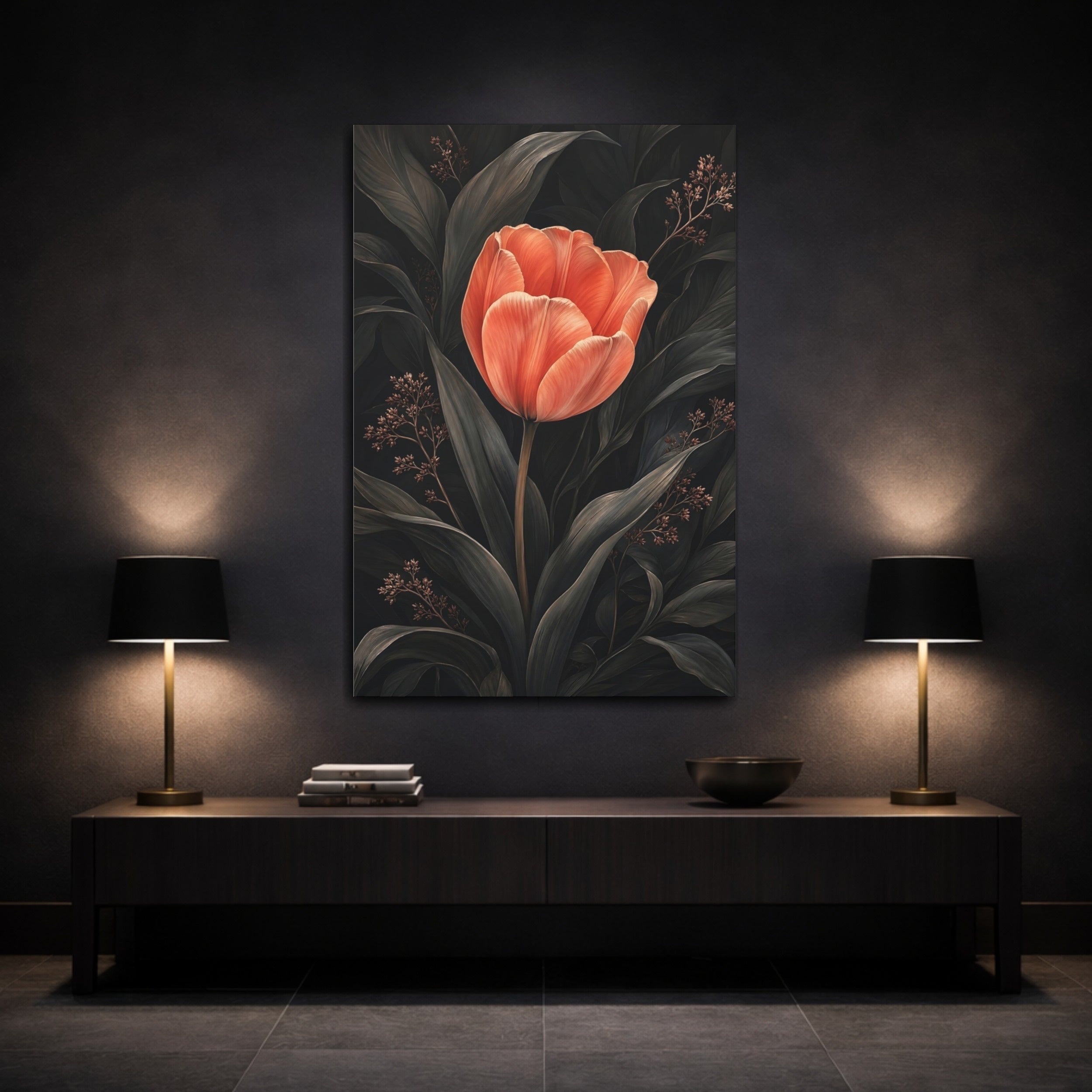 Mockup 3. Floral Tulip Coral And Dark shown as stretched canvas wall art
