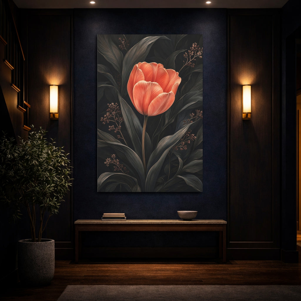 Mockup 4. Floral Tulip Coral And Dark shown as stretched canvas wall art
