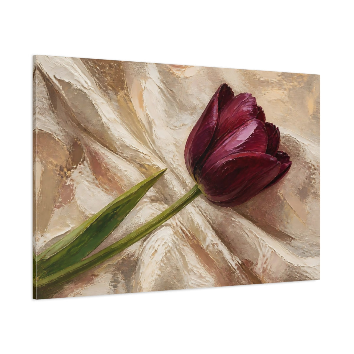 Side Mockup 1. Floral Tulip Deep Purple Tulip shown as stretched canvas wall art