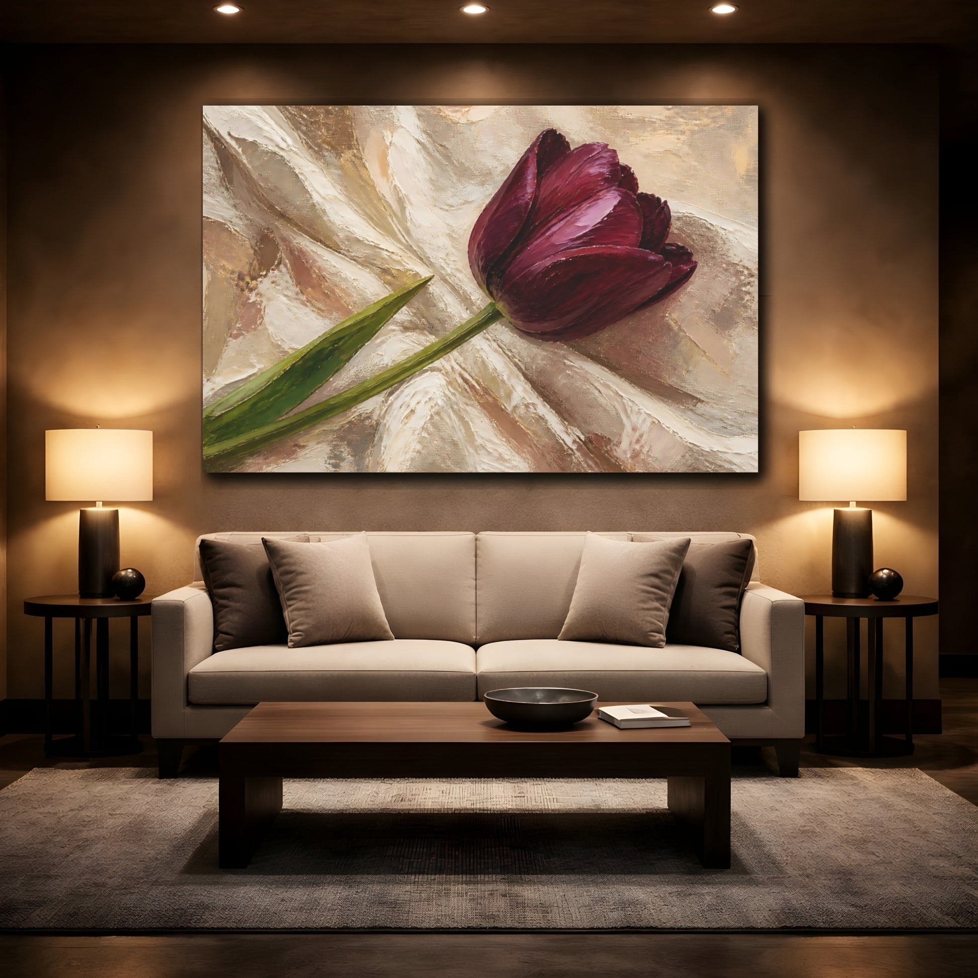 Mockup 2. Floral Tulip Deep Purple Tulip shown as stretched canvas wall art