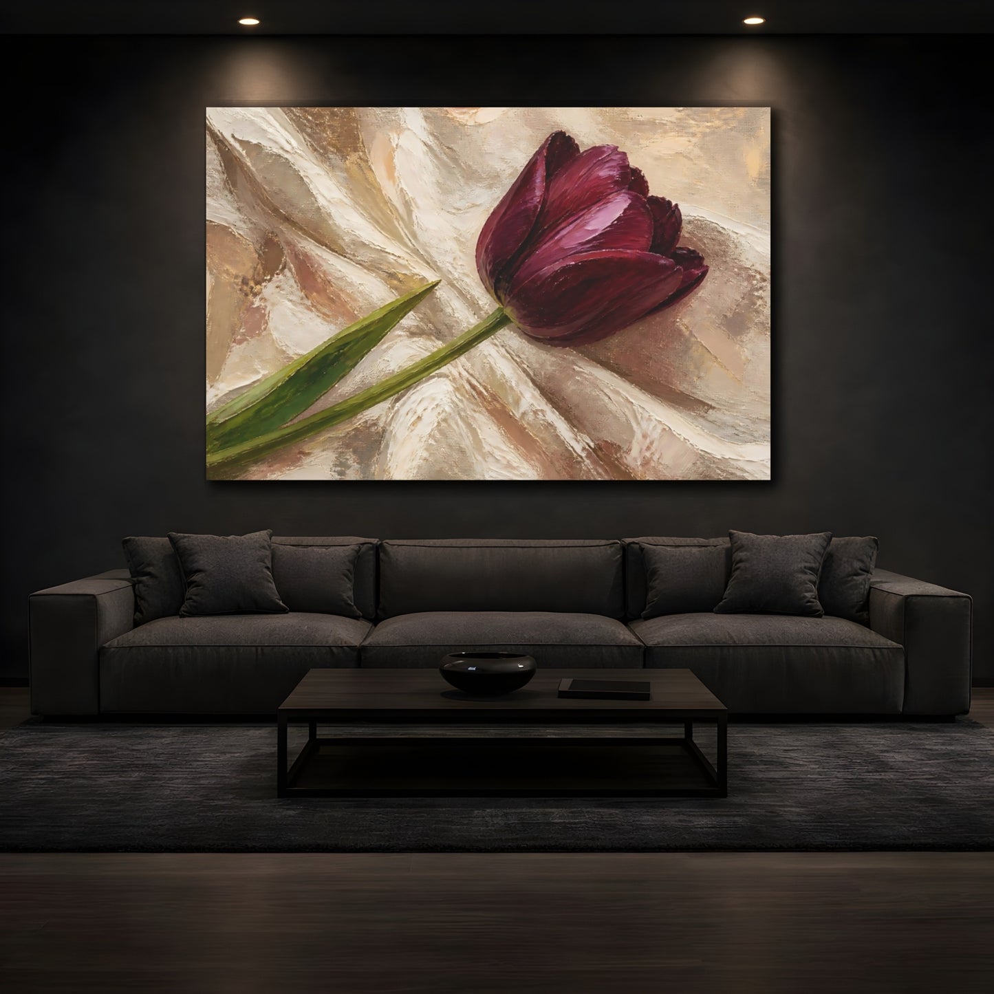 Mockup 3. Floral Tulip Deep Purple Tulip shown as stretched canvas wall art