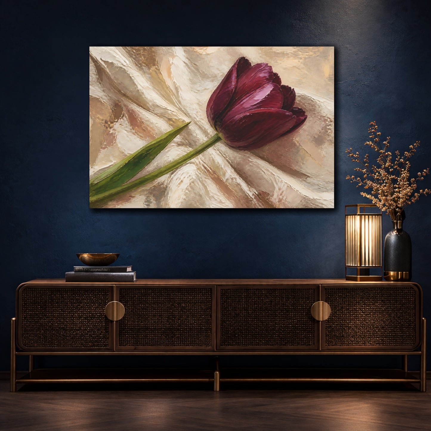 Mockup 4. Floral Tulip Deep Purple Tulip shown as stretched canvas wall art