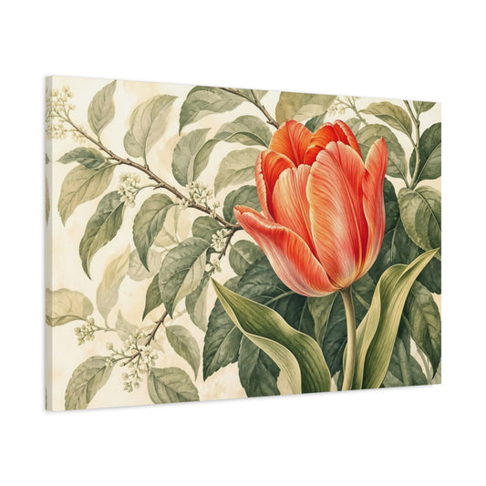 Main Mockup. Floral Tulip Orange And Green shown as stretched canvas wall art