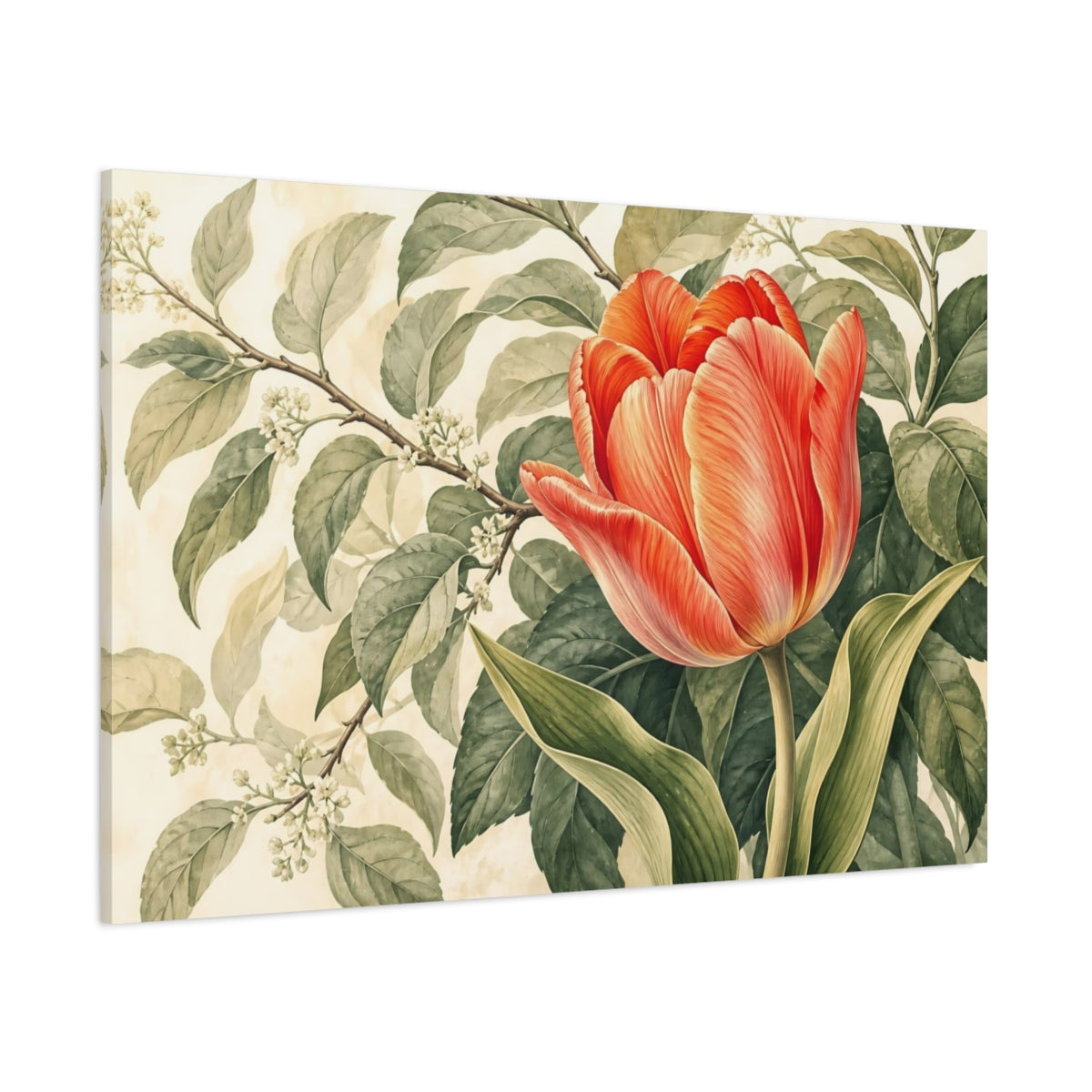 Side Mockup 1. Floral Tulip Orange And Green shown as stretched canvas wall art