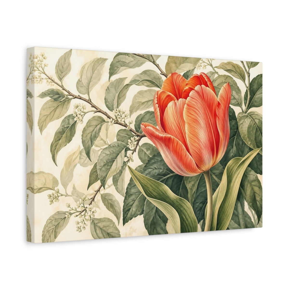 Side Mockup 4. Floral Tulip Orange And Green shown as stretched canvas wall art