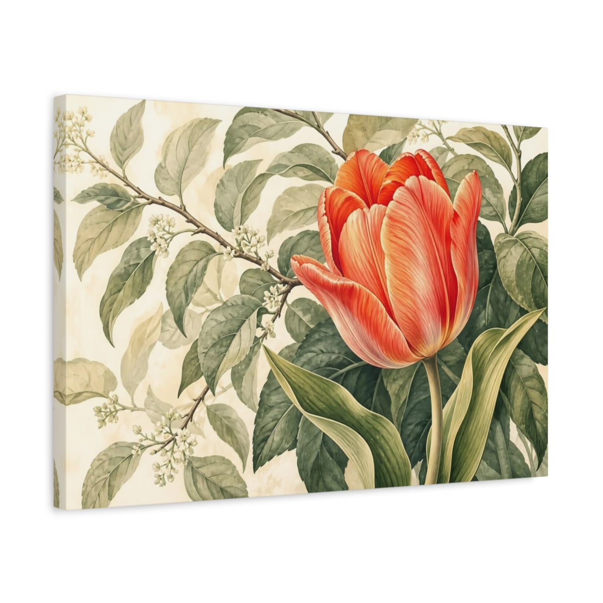 Side Mockup 3. Floral Tulip Orange And Green shown as stretched canvas wall art