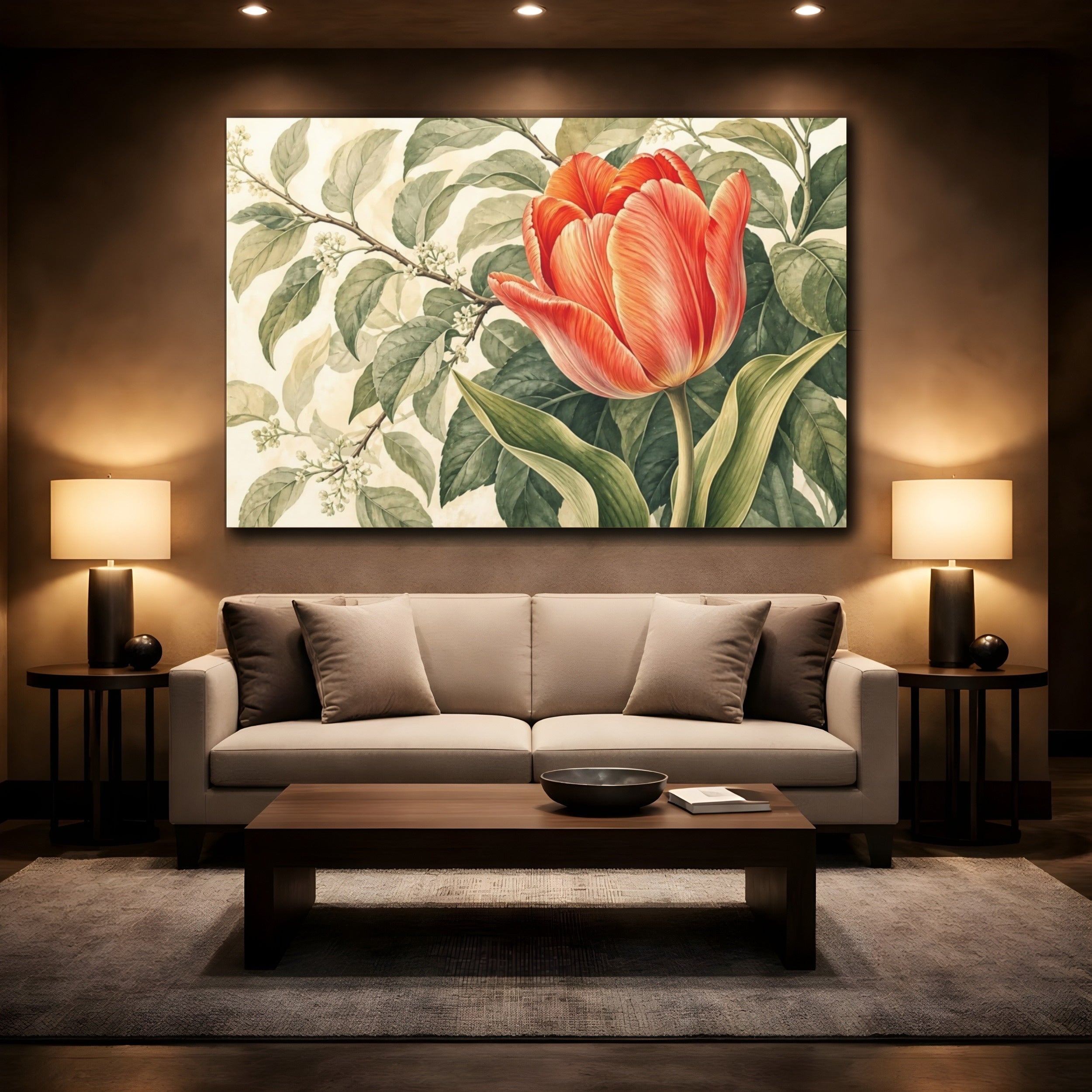 Mockup 2. Floral Tulip Orange And Green shown as stretched canvas wall art