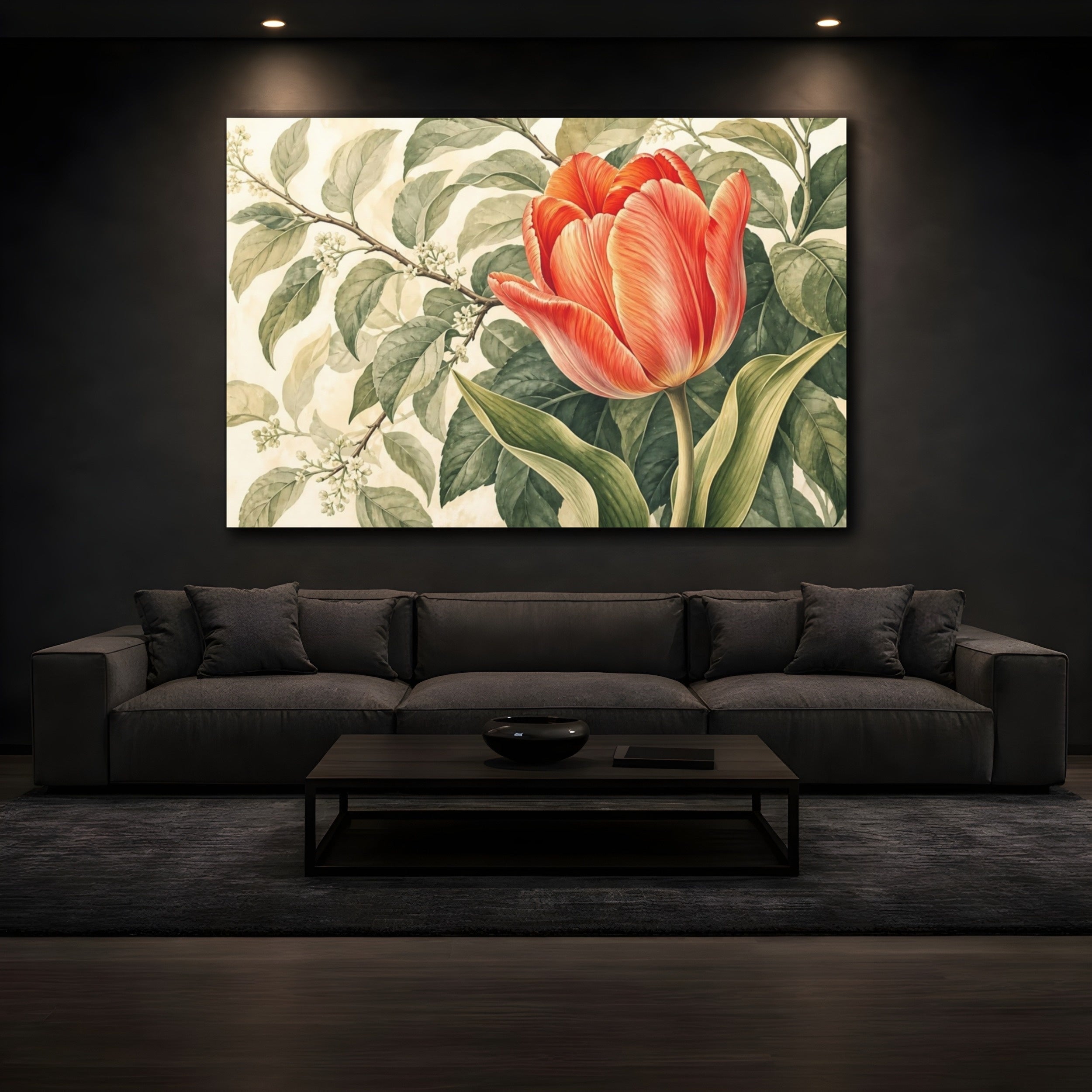 Mockup 3. Floral Tulip Orange And Green shown as stretched canvas wall art