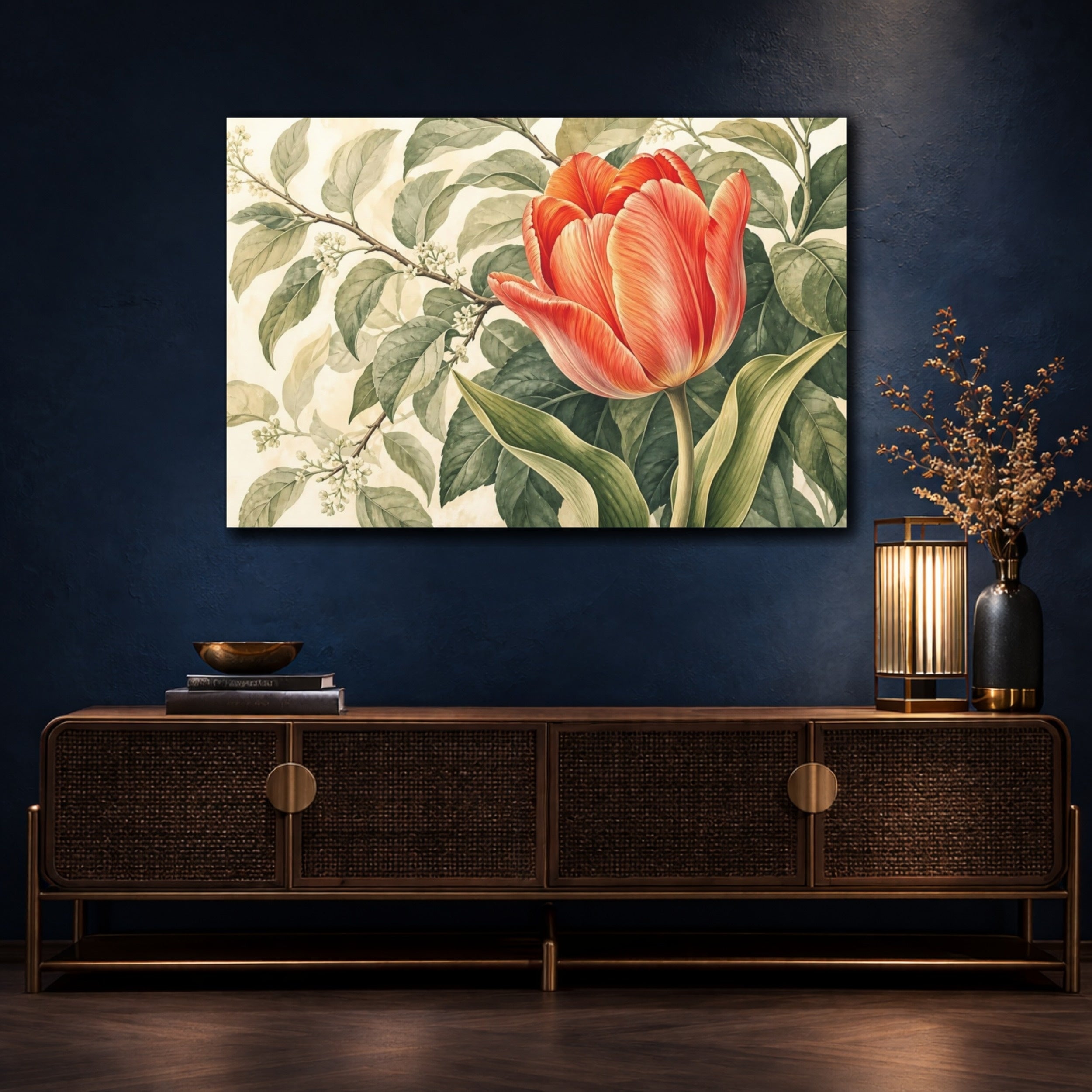 Mockup 4. Floral Tulip Orange And Green shown as stretched canvas wall art