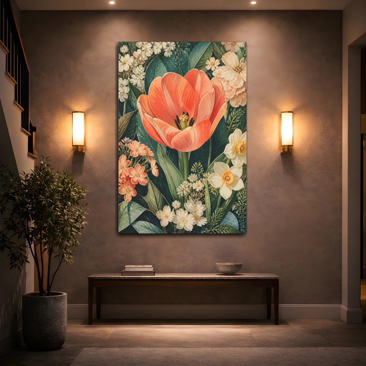 Mockup 2. Floral Tulip Orange Floral Garden shown as stretched canvas wall art